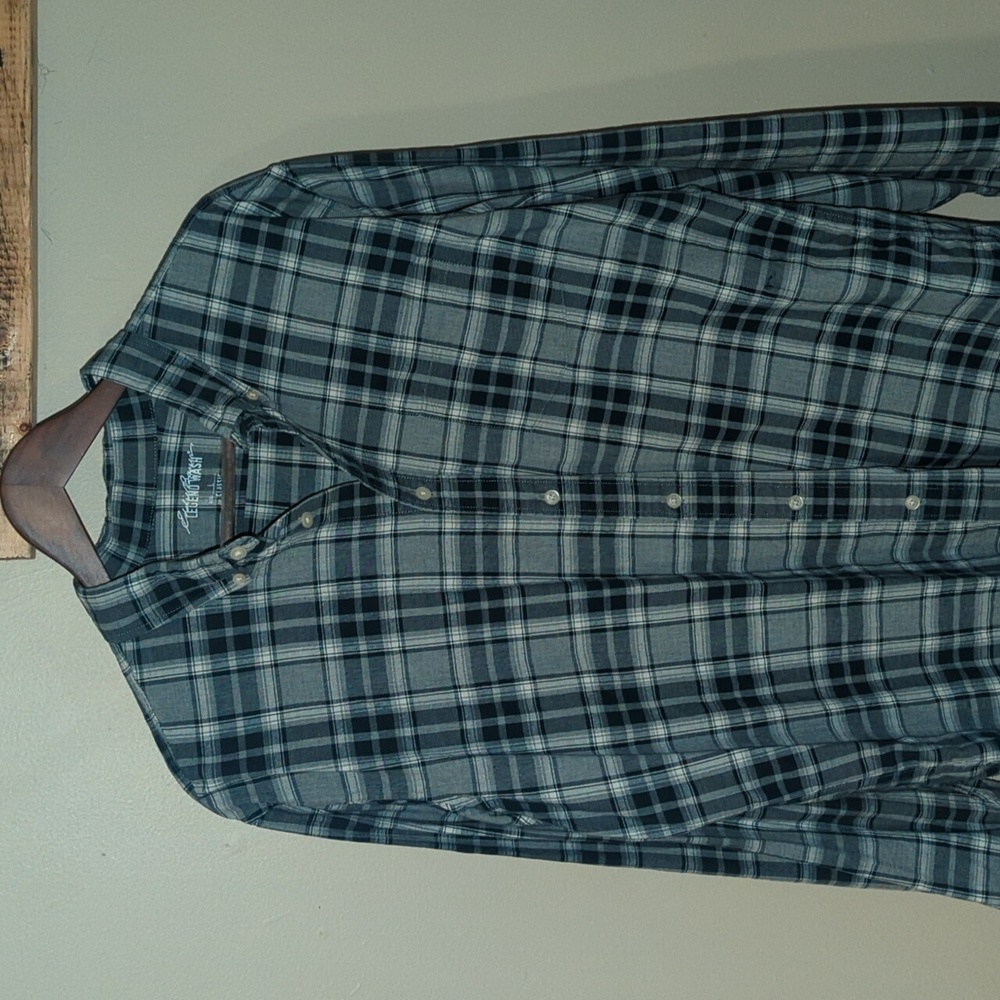 Eddie Bauer Button Down Shirt. Green, Gray, and White plaid pattern.